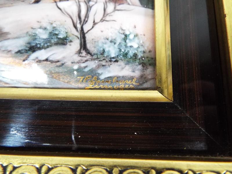 Two hand painted Emaux d'art Delimoges framed pictures one depicting a winter's scene, - Image 4 of 5