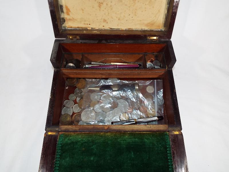 A 19th century writing slope containing pens and various coins (1874 St Gallen medal and Scottish - Image 2 of 4