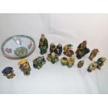 Thirteen  Asian mud men figurines and an Asian egg shell ceramic Famille Vert bowl 7cm (c) x 16.