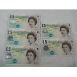 Banknotes - five consecutively numbered mint £5 notes with non-permanent serial numbers