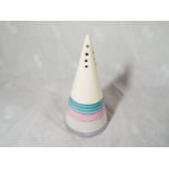 A Clarice Cliff conical sugar shaker with striped painted decoration,