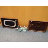 Two wooden tea trays and a Rex weighing scale and set of cast iron weights (3)