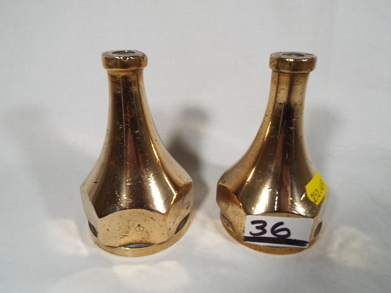 Fire Service - two small brass nozzles from a vintage fire hose, stamped GR VI with crown above,