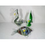 Three pieces of Murano Art Glass ware depicting fish and a cockerel