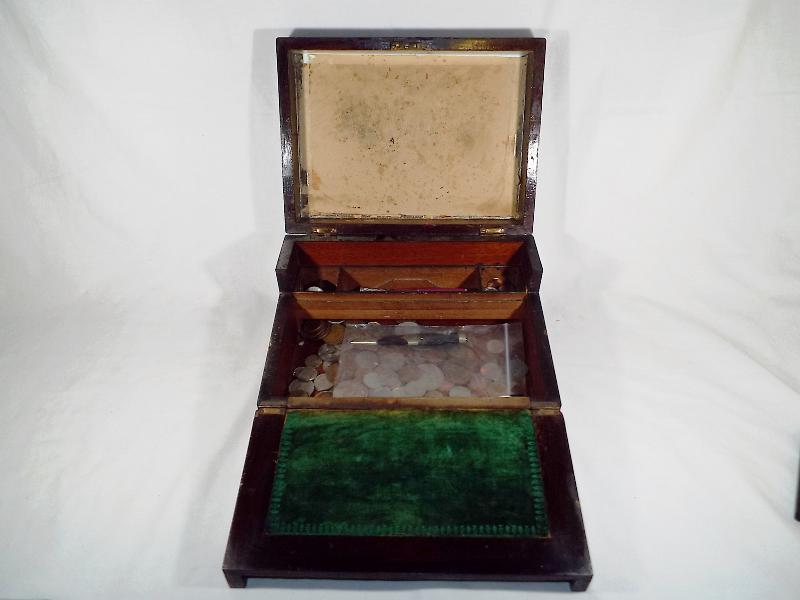 A 19th century writing slope containing pens and various coins (1874 St Gallen medal and Scottish - Image 4 of 4