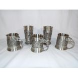 Two good quality white metal goblets and three Bangkok pewter tankards with relief decoration