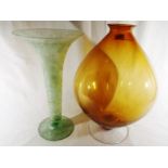 A frosted Art Glass trumpet vase, lime green 37cm (h) and a large Art Glass amber coloured vase,