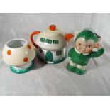 A Shelley / Mabel Lucie Attwell three piece tea set comprising lidded teapot,