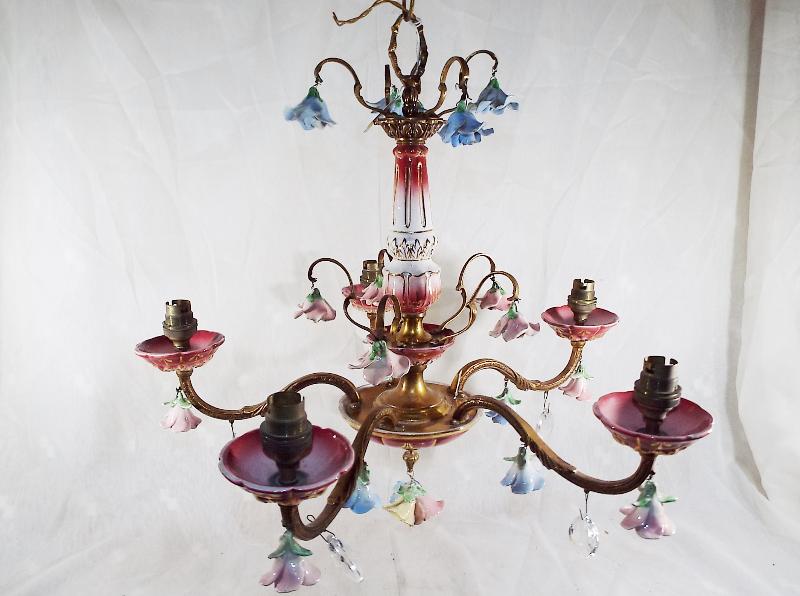 Two French brass and ceramic five branch chandelier with floral features ( photograph sample of