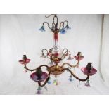 Two French brass and ceramic five branch chandelier with floral features ( photograph sample of