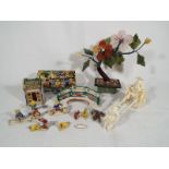 A good collection of miniature Chinese items to include bone carvings depicting a rickshaw and