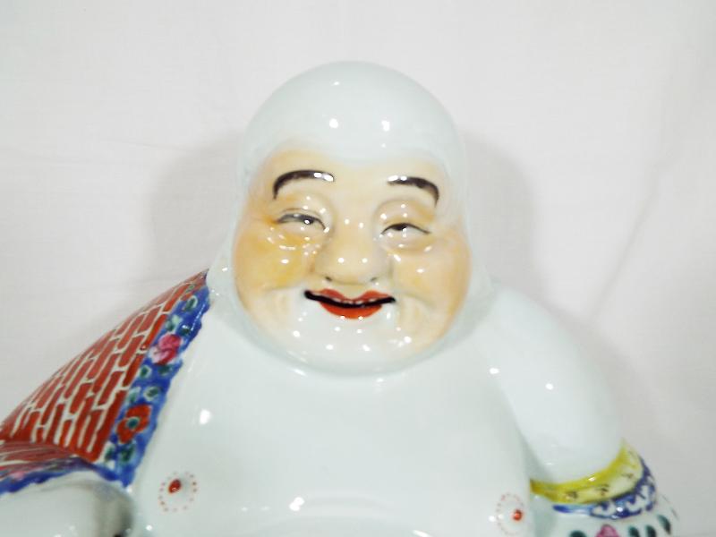 A Chinese famille rose Buddha (laughing) with prayer beads, polychrome finish, - Image 2 of 8