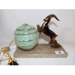 An Art Deco bronze spelter leaping deer desk lamp,