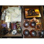A good mixed lot to include a white metal mantle clock, Caithness perfume bottle, hip flasks,
