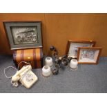 A good mixed lot to include three decoupage pictures, framed, BT cream telephone,