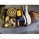 Two boxes containing a collection of ceramics, a paraffin Precious stove, tennis racquets,