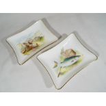 A pair of Minton rectangular pin dishes decorated with depictions of angling and hunting,
