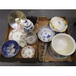 Two boxes containing a good mixed lot of ceramics to include a chamber pot,