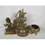 Three Chinese / Tibetan bronze / brass items to include a gilt figure of Beodhisattva Manjushri