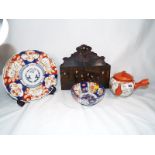 Four Japanese items to include 3 ceramic items to include a side handled tea pot (Yokode Kyusu),