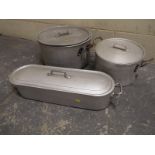 Three large aluminium catering pans include a fish poacher