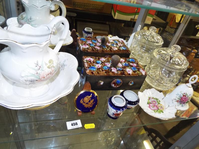 A good mixed lot to include a wooden decorative trinket box with glass top detail,