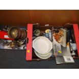 Two boxes containing a quantity of brass ware, ceramics,