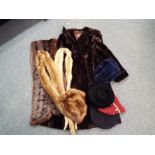 Vintage Clothing - A lady's Stratharized Scotch moleskin coat with slit pockets, three fur stoles,