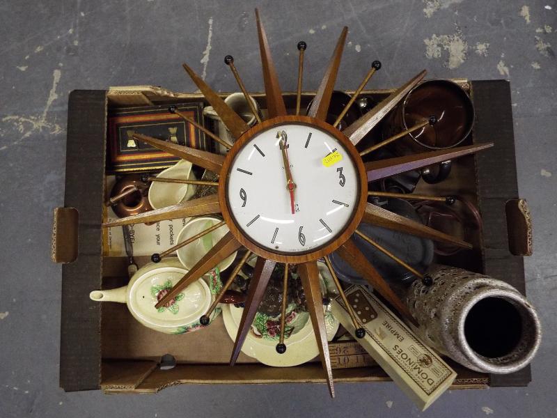A good mixed lot to include a wooden Smiths battery operated starburst clock, Carlton Ware,