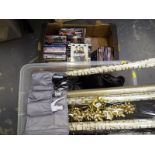 2 boxes containing a good mixed lot to include DVD films, a quantity of electrical sockets,