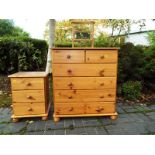A pine chest of two over four drawers, 82cm x 81cm x 41cm with a matching bedside cabinet,