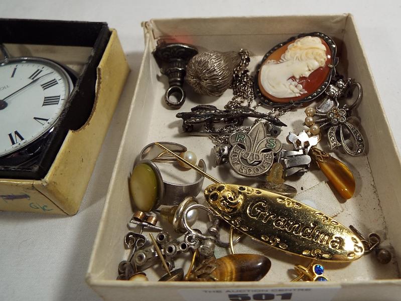 A collection of costume jewellery to include some silver, a cameo brooch, a scouts badge, - Image 2 of 3