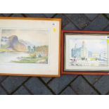 A watercolour depicting Liverpool docks and The Liver Bird building, unsigned,