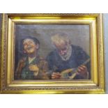 An oil on canvas depicting a man playing a mandolin with a young boy, unsigned,