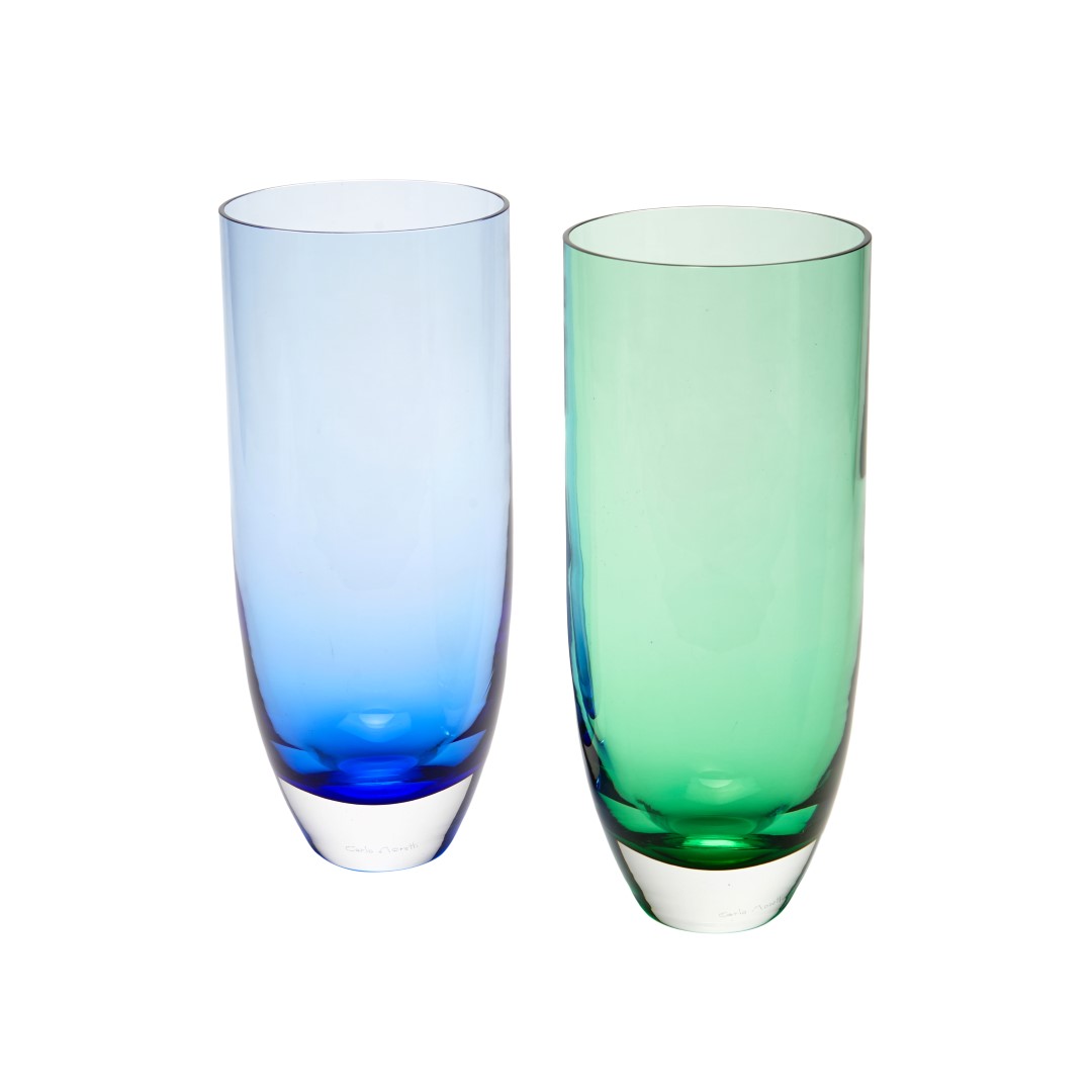 Two Carlo Moretti vases of tapering cylindrical form in green and blue, each with incised mark.