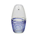 A Carlo Moretti clear glass vase with applied blue glass spiraled designed to base, incised mark