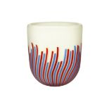 A Moretti and Moretti frosted glass vase with red and blue irregular vertical ribbons, incised mark,