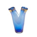 A Murano double aperture blue glass vase with gold inclusions, indistinctly inscribed and