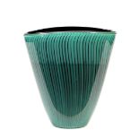 A Veart Venezia glass vase, overlaid in green on a black ground with vertical swept lines, incised