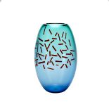 A Barbini blue glass vase with red cane inclusions, incised mark, signed Barbini Murano. Height: