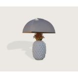 Pineapple Lamp c,1970 White and gold glazed ceramic pineapple lamp with original silk and