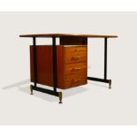 Small Italian desk c,1958 Painted iron , brass and lacquered  teak three drawer desk, Italy. good