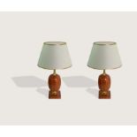 Pair of Marble Lamps c,1970 Pair of rose marble and lacquered brass table lamps  with new paper