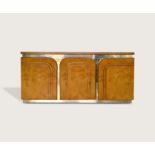 Mastercraft credenza c,1970 Lacquered burr walnut and brass three drawer credenza with internal