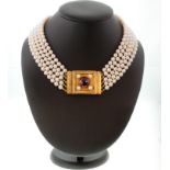 A Fine William IV Five Strand Cultured Pearl Choker. With large high carat yellow metal clasp,