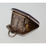 A Silver and Purple Enamel Travelling Timepiece. Makers mark SSM. Birmingham 1930. The 25mm square