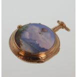 A Rare Gold Openface Keywound Verge Watch Decorated in Coloured enamels with a Ballooning Scene.