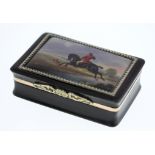 An English Gold, Coloured Enamel and Tortoiseshell Gentleman's Snuff Box. Circa 1818. The hinged