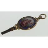 A Fine Yellow Gold Porcelain and Steel Watch Key. 18th/19th century. 50mm long/