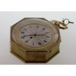 A Late 18th Century Table or Carriage Timepiece. With key. The 70mm silvered dial with Roman